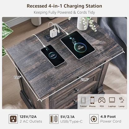 26"H Night Stand Set of 2, 23.6"W Wooden End Table with Charging Station | Wood Side Table w/Roman Column, End Tables Living Room Set Of 2, Bedside Cabinet for Bedroom, Living Room, Dark Rustic Oak - color: Dark Rustic Oak, size: 23.6"W x 15.7"D x 26"H