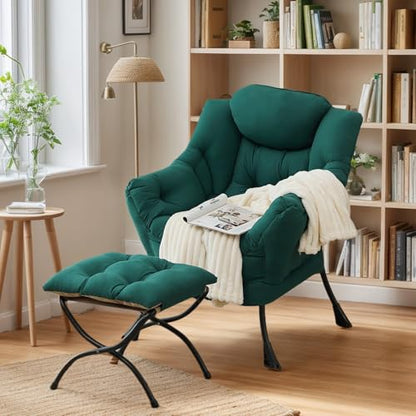 Lazy Chair with Ottoman, Soft Comfy Chair for Bedroom, Green | Reading Accent Lounge Chair with folding Foot Stool for Living Room Dorm Apartment, sturdy metal frame - color: Dark Green