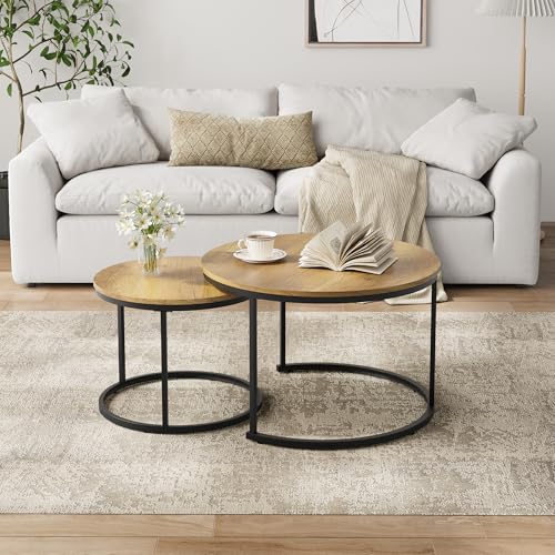 Smuxee Nesting Coffee Table Set of 2, 27.6" Round Coffee Table Wood Grain Top with Adjustable Non-Slip Feet, Industrial End Table Side Tables for Living Room Bedroom Balcony Yard - color: Brown, size: 27.6"W