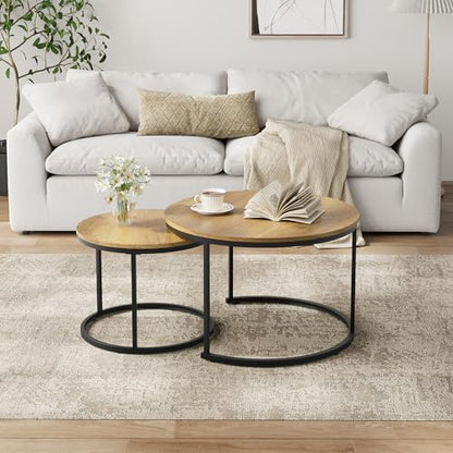 Smuxee Nesting Coffee Table Set of 2, 27.6" Round Coffee Table Wood Grain Top with Adjustable Non-Slip Feet, Industrial End Table Side Tables for Living Room Bedroom Balcony Yard - color: Brown, size: 27.6"W