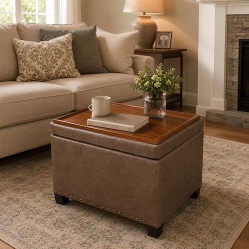 Homebeez 22" Storage Ottoman Coffee Table with Flip Top Tray, Tufted Faux Leather Footrest Stool with Nailhead Trim, Large Foot Rest for Living Room, Taupe Brown - color: Taupe Brown