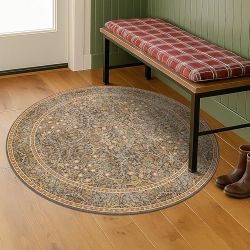 Gold Brown 3ft Small Round Rug for Entryway Indoor, Vintage Washable Area Rug for Kintchen, Bathroom - Non Slip with Rubber Backing, Floral Pattern Low Pile Soft Carpet - color: Gold Brown, size: 3' (Round)