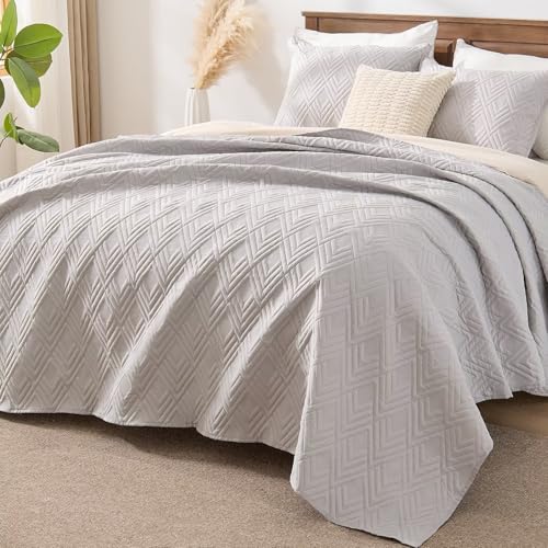 EMME Quilts Queen Size Bedding Sets, Light Grey Bedspread Soft Lightweight Pre-Washed Quilt, 3 Piece Cozy Reversible Microfiber Ultrasonic Coverlet with Pillow Sham (Diamond Pattern,90"x90") - color: 07-light Grey (Diamond), size: Full/Queen(90" x 90")