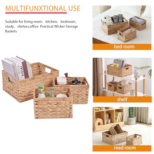 Set of 3 Water Hyacinth Storage Basket Rattan Woven Shelf Organizing with Built-in Handles 3-Pack Nesting Wicker Bathroom Accessories Pantry Storage