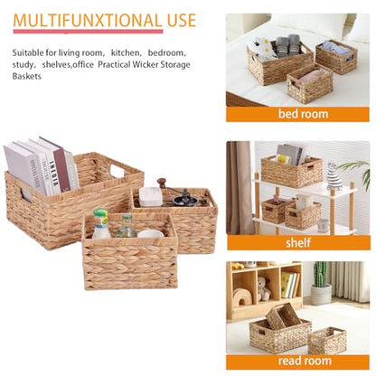 Set of 3 Water Hyacinth Storage Basket Rattan Woven Shelf Organizing with Built-in Handles 3-Pack Nesting Wicker Bathroom Accessories Pantry Storage