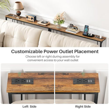 Kitstorack Narrow Console Table Behind Sofa Couch, Design with Adjustable Height (25"-33") & Power Outlets, Small Entryway Table - 5.9" D x39.4 L, Rustic Brown - color: Rustic Brown, size: 5.99"Deep