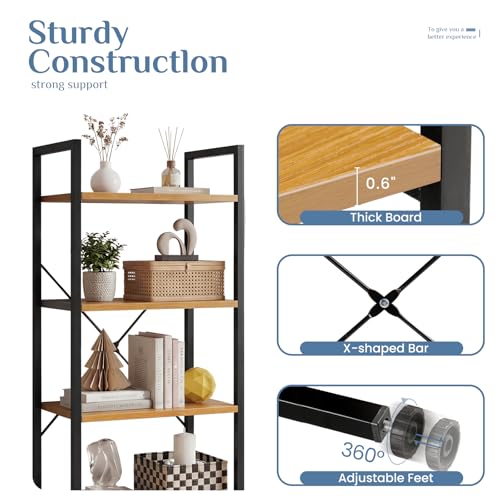 DUMOS 4 Tiers Open Bookshelf, Classic Freestanding Tall Display Shelf, Multifunctional Storage Organizer Rack for Living Room Home Office, Sturdy Bookcase for Books/Movies, Wood | Multifunctional Storage Organizer Rack for Living Room Home Office, Sturdy
