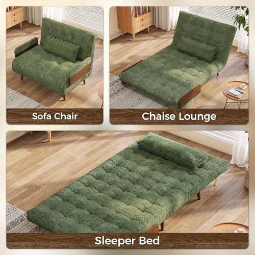 JASIWAY 37" Mid-Century Convertible Sofa Chair Bed Sleeper for Adult, Futon | Space Saving, Sturdy Green Chenille Convertable Guest Bed with Adjustable Backrest, Folding Sofa Chair with Walnut Armrest - color: Mid-century Green, size: 36.6" W Sleeper Chai