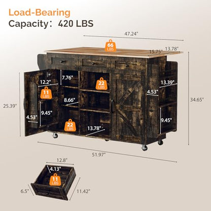 VINGLI 52" W Kitchen Island with Storage and Drop Leaf, Black & Gold | Farmhouse Rolling Cart with 3 Drawers, 2 Barn Doors, Adjustable Shelves, Side Rack and Locking Wheels - color: Black & Gold