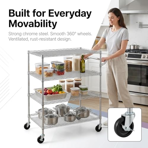 Finnhomy 4 Tier Heavy Duty Commercial Grade Rolling Cart with Handle Bar, Metal Wire Utility Cart with Wheels, Service Trolley on Wheels, Shelf Size 24" D x 36" W, NSF, Chrome - size: 36"L x 24"W x 46.7"H-4 Tier, style: Chrome Cart