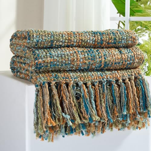 Multi-Color Cable Woven Throw Blanket for Couch - 50"X60" | Multicolored Boho Style,Super Soft Warm Cozy Chunky Blankets with Decorative Tassels for Bed and Sofa,Gold Green - color: Multi-color Gold Green, size: 50"x60"