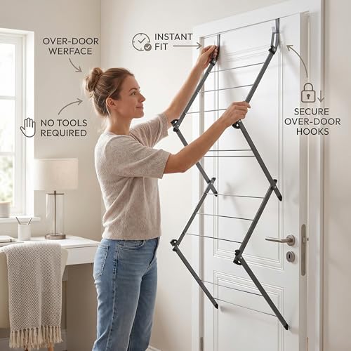 Over Door Clothes Drying Rack, 10 Bar Foldable Hanging Drying Rack, Space Saving Laundry Organizer, Heavy Duty Clothes Airer Indoor & Outdoor Garment Storage Solution (Grey)