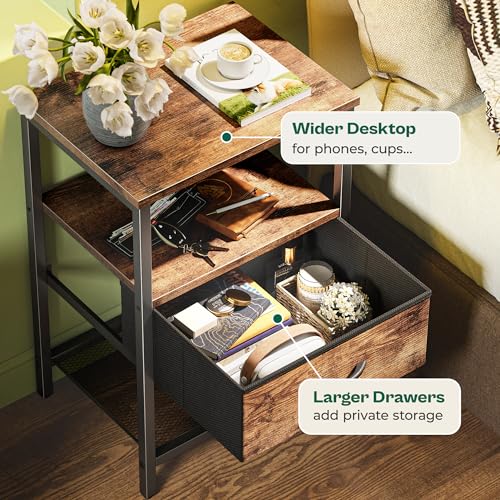 Huuger Night Stand with Fabric Drawer, Side Table with Mesh Shelf, Bedroom Nightstand, Fabric Drawer Dresser, Open Shelf, Metal Frame, Couch Side, Rustic Brown | Bedroom Nightstand, Fabric Drawer Dresser, Open Shelf, Metal Frame, Couch Side, Rustic Brown