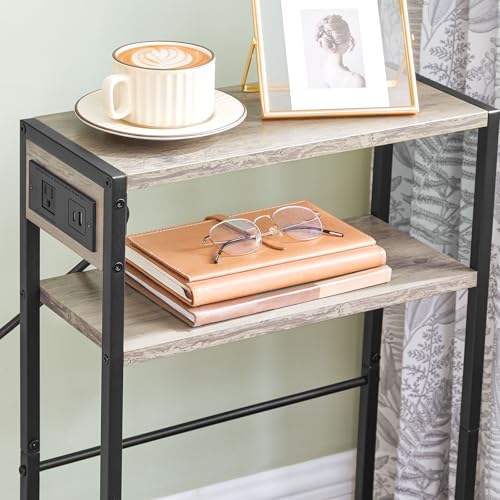 HOOBRO Small Narrow Side Table with Charging Station, Skinny End Table for Small Spaces, Slim Nightstand with USB Ports Outlet, Sofa Beside Table with Storage Shelf, Greige and Black BG102UBZ01 - color: Greige + Black