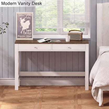 ChooChoo 40 Inches Farmhouse Computer Desk with 2 Drawers & Power Outlets | Wooden Writing Desk, Study Desk for Home Office, Makeup Vanity, Soft White - color: Soft White, size: 40inch with Power Outlet