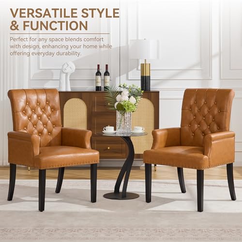 Dining Chair with Arms, PU Leather High Back Dining Room Chairs, Brown | Set of 2, PU Leather Dining Chairs, Tufted Armchair with Solid Wood Leg, Nailhead Trim, Comfortable Parson Kitchen Chairs - color: Pu-brown, size: 2 PCS