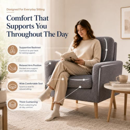 Naomi Home Frida Teddy Fleece Accent Chair, Mid-Century Modern Inspired Armchair with Plush Upholstery, Thick Cushioning & Oak Legs, Cozy Living Room Chair for Bedroom, Reading Nook & Lounge Seating | Thick Cushions, Ergonomic Backrest, Solid Oak Legs, Co