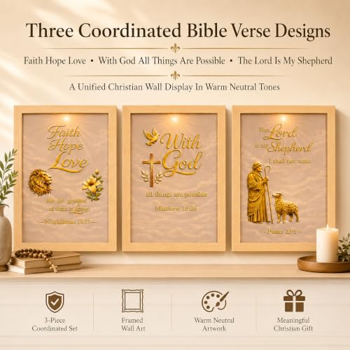 Framed Christian Wall Art Set of 3, 12x16 Bible Verse Wall Decor | Raised 3D Scripture With Gold-Tone Embossed Details, Psalm 23 Faith Hope Love Religious Wall Art For Living Room Prayer Room