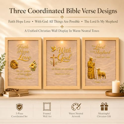 Framed Christian Wall Art Set of 3, 12x16 Bible Verse Wall Decor | Raised 3D Scripture With Gold-Tone Embossed Details, Psalm 23 Faith Hope Love Religious Wall Art For Living Room Prayer Room