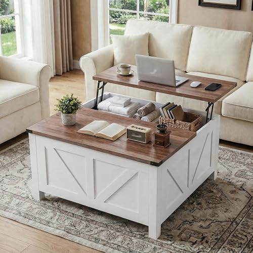 35” Farmhouse Coffee Table with Large Storage, Rustic Wood Lift Top Coffee Table for Living Room, Square Center Table with Charging Station&USB, Modern Port Pottery Barn Lift top Table - color: White