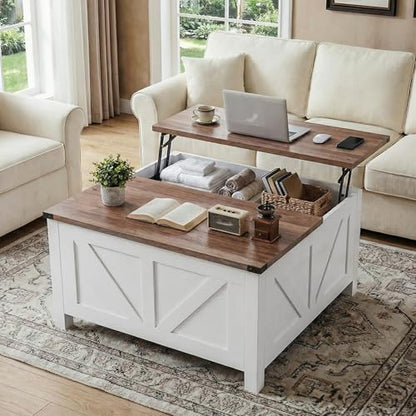 35” Farmhouse Coffee Table with Large Storage, Rustic Wood Lift Top Coffee Table for Living Room, Square Center Table with Charging Station&USB, Modern Port Pottery Barn Lift top Table - color: White