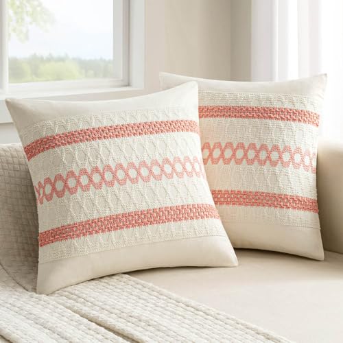 MIULEE Set of 2 Coral Red Boho Decorative Pillow Covers 18x18 Inch | Farmhouse Couch Throw Pillows Modern Spring Cotton Cushion CoversMacrame Woven Home Decor for Bed Sofa Chair - color: Coral Red, size: 18" x 18" (Pack of 2)