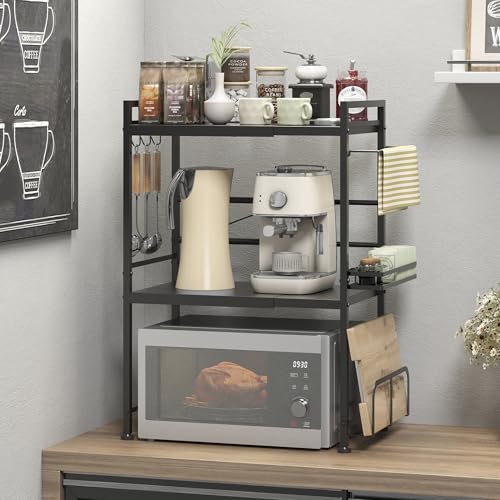 DOLALIKE Microwave Oven Rack, Expandable Microwave Stand Countertop Kitchen Utensils Tableware Storage, Carbon Steel Over Microwave Shelf Countertop with 6 Hooks | Adjustable Microwave Oven Rack Metal Storage Shelf for Pans Small Appliances Kitchen Utensi
