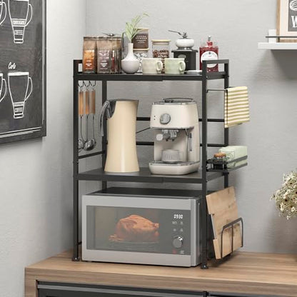 DOLALIKE Microwave Oven Rack, Expandable Microwave Stand Countertop Kitchen Utensils Tableware Storage, Carbon Steel Over Microwave Shelf Countertop with 6 Hooks | Adjustable Microwave Oven Rack Metal Storage Shelf for Pans Small Appliances Kitchen Utensi