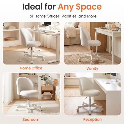 NEO Chair Office Vanity Chair with Wheels Comfy Desk Chair for Girls Cute Computer Small Armless Adjustable Height Swivel for Home Bedroom Task (Creamy White) | Soft Fleece Fabric with Supportive Curved Back, 360° Swivel, Cozy Comfort for Makeup, Computer