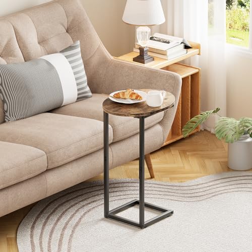 C Shaped End Table,Oval Couch Sofa Side Table for Bed Slide Under Couch, Wood Small Round Snack Table with Metal Frame, TV Tray Table for Small Space, Living Room,Easy Assembly(Brown) - color: Oak Brown+black