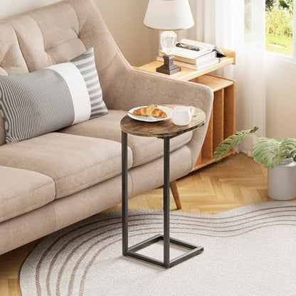 C Shaped End Table,Oval Couch Sofa Side Table for Bed Slide Under Couch, Wood Small Round Snack Table with Metal Frame, TV Tray Table for Small Space, Living Room,Easy Assembly(Brown) - color: Oak Brown+black