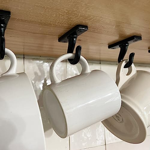 2.5”-Under Cabinet or Shelf Coffee Mug Holder – Cup Hooks Separator – Decorative Black Iron Hangers - Create Rack Under Counter or Wall – Cups, Keys, & Utensils (4-Hooks)