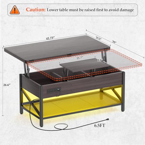 Aheaplus Coffee Table Lift Top Multi-Function Coffee Table Converts to Dining Table, with LED Light and Power Outlet, Center Table with Shelves for Living Room Reception Home Office,-S2, Espresso - color: Espresso