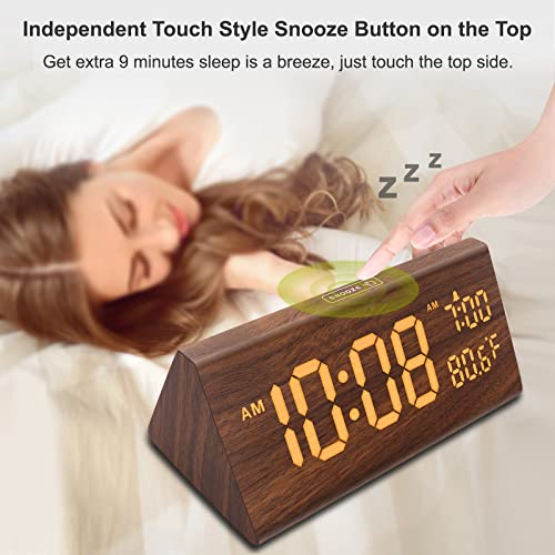 DreamSky Wooden Digital Alarm Clock for Bedroom with USB Port | 7.7" Electric Clocks with Large Numbers, Temperature, 0-100% Brightness Dimmer, Adjustable Alarm Volume, Snooze, 12/24H - color: Amber