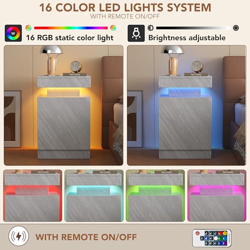 Nightstands Set 2, 15 Inches LED Night Stand Set of 2, Modern Bedside Table with LED Lights, High Gloss Surface, End Table with Storage for Bedroom, Grey - color: Grey-15"