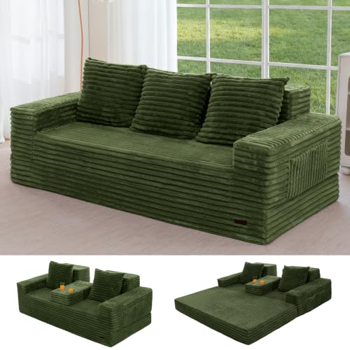 MAXYOYO Sofa Bed, 80-Inch Oversized Boneless Loveseat, 2 Cup Holders | Striped Green 4-in-1 Boneless Couch Converts Into a Floor Sofa or Chair; Sofa-in-a-Box Design Requires No Assembly. - color: Striped Green, size: Oversized(80" Length)