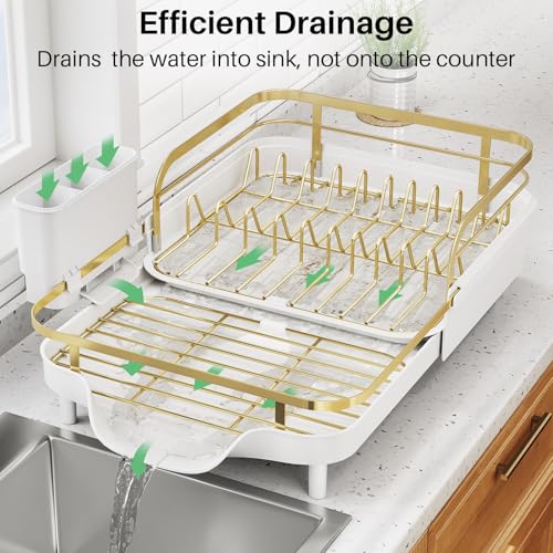 SNTD Expandable Dish Drying Rack for Kitchen Counter, 15.2-22.1 in, Gold | Rust-Resistant Stainless Steel, Protective Side Rails, Self-Draining Drainboard, Removable Utensil Holder - color: Gold