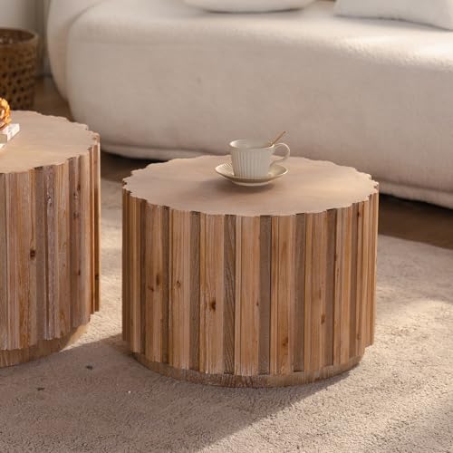 WILLIAMPSACE Round Nesting Coffee Table Set of 2, Rustic Farmhouse Wooden Drum Center Tables with Vertical Slatted Body, Tea Table for Living Room Apartment, No Assembly (19.7"+27.5", Natural) - color: 19.7"+27.5", Natural