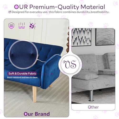 65'' Convertible Futon Sofa Bed with USB, Small Couch for Living Room | Sleeper Sofa and Loveseat, Adjustable Folding Couch with Tufted Design and 2 USB Ports, Bedroom Apartment Office, Blue - color: Blue