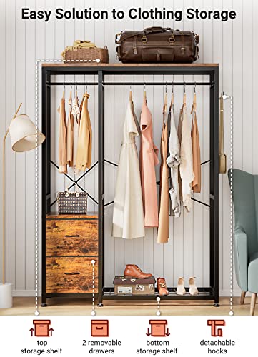 Clothes Rack with 2 Rods, Shelves, Drawers & Hooks, Garment Rack | Clothes rack with 2 hanging rods (50lbs each), 2 shelves, 2 fabric drawers & 4 hooks. 300lb total capacity. Fits small spaces - color: Rustic Brown