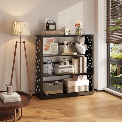 SteeLoong 3 Tier Bookcase,Metal Bookshelf with Adjustable Feet & Shelves | 34"H Black Book Shelf with Bookends,Small Bookcase for Small Places,Modern Open Bookshelf for Home Office,Kitchen,Garage - color: Black, size: 3-Tier 31"W
