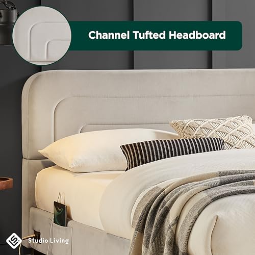 Studio Living® Adaline Upholstered Bed, Queen Size, USB A + C Power, Storage Sleeve, Velvet Fabric, Light Gray - color: Light Gray, size: Queen