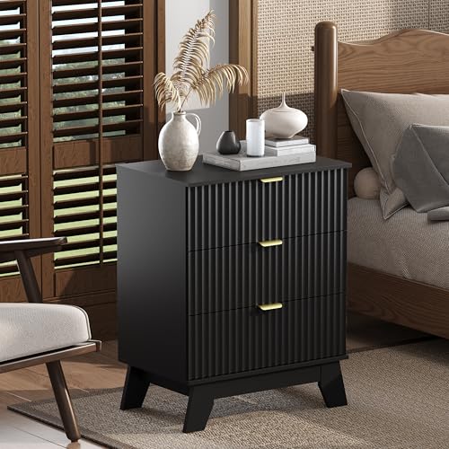 Black Night Stand with 3 Drawers, Bedside Table & End Table, 24" Wide Mid Century Modern Fluted Wood Nightstand with Metal Handles, Farmhouse Night Stands for Bedroom - color: Black, style: 3 Drawers