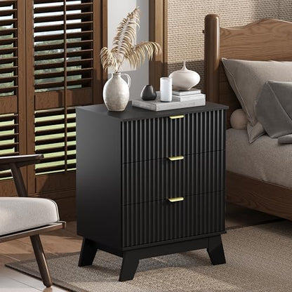 Black Night Stand with 3 Drawers, Bedside Table & End Table, 24" Wide Mid Century Modern Fluted Wood Nightstand with Metal Handles, Farmhouse Night Stands for Bedroom - color: Black, style: 3 Drawers