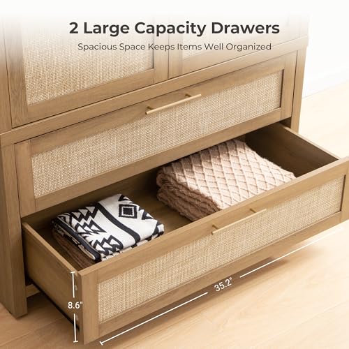SICOTAS Rattan Armoire Wardrobe Closet : 71 inch Wardrobe with Drawers | Farmhouse Boho Storage Cabinet with Hanging Rod, Large-Capacity Deep Armoire Clothes Organizer for Bedroom, Cloak Room
