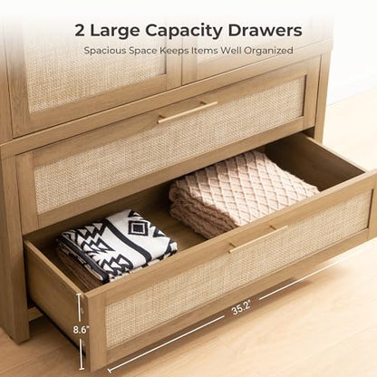 SICOTAS Rattan Armoire Wardrobe Closet : 71 inch Wardrobe with Drawers | Farmhouse Boho Storage Cabinet with Hanging Rod, Large-Capacity Deep Armoire Clothes Organizer for Bedroom, Cloak Room