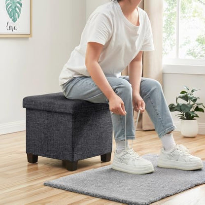Ornavo Home 15" Square Folding Storage Ottoman Cube with Legs, Dark Gray | Small Linen Storage Ottoman; Fits Compact Spaces; Ideal for Bedroom or Living Room