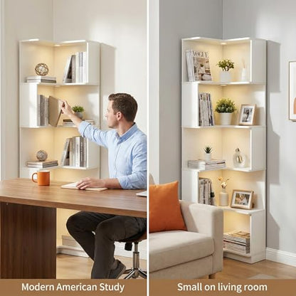 Corner Bookshelf, 5 Tier Tall Corner Bookcase with LED Lights, Freestanding L Shaped Open Display Shelf for Living Room, Bedroom, Home Office (White) - style: White-without drawers