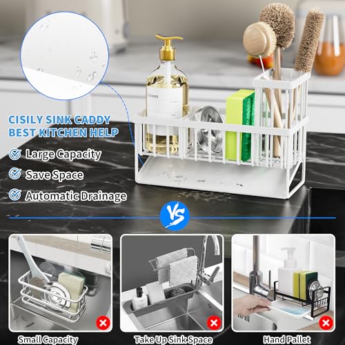 Cisily Sink Caddy Sponge Holder - Stainless Steel Rustproof, High Brush Holder, Dish Sponge Organizer with Divider (White) - color: White, size: 9.25″