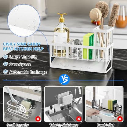 Cisily Sink Caddy Sponge Holder - Stainless Steel Rustproof, High Brush Holder, Dish Sponge Organizer with Divider (White) - color: White, size: 9.25″